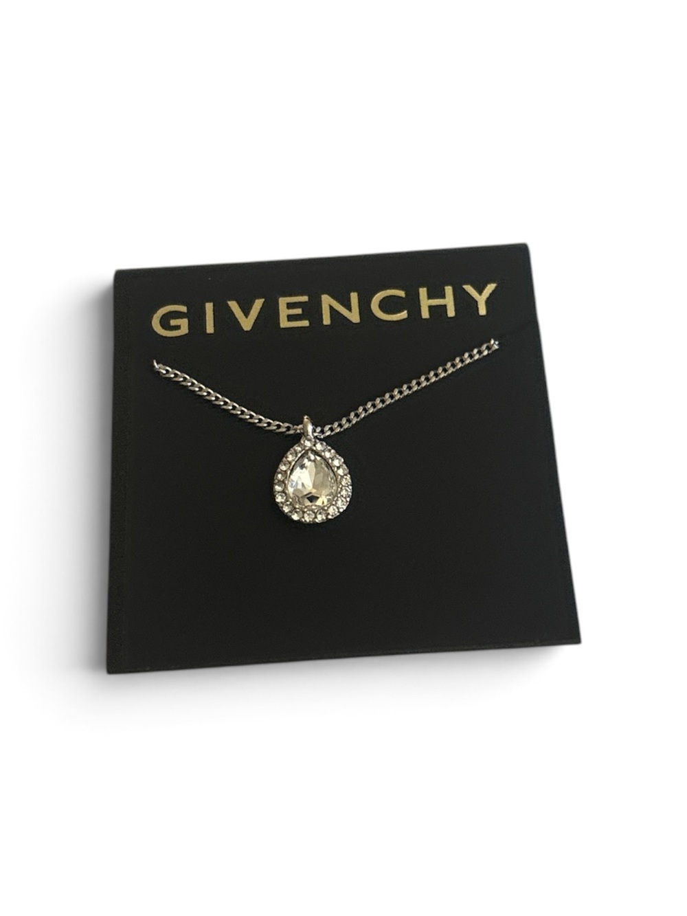 Givenchy Silver Teardrop Pendant Necklace with Clear Crystal